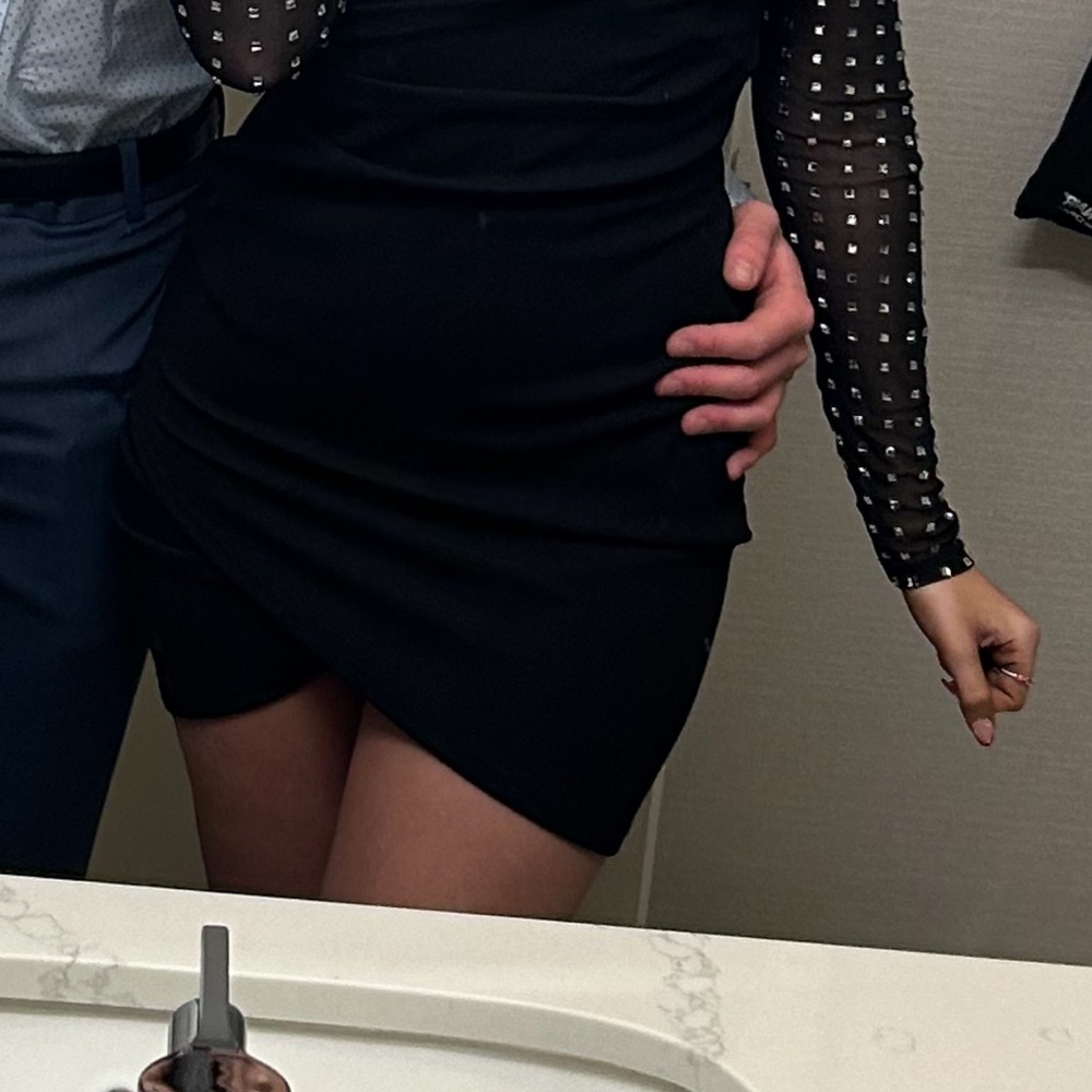 Madden Girl Black Dress with Sheer Polka Dot Sleeves